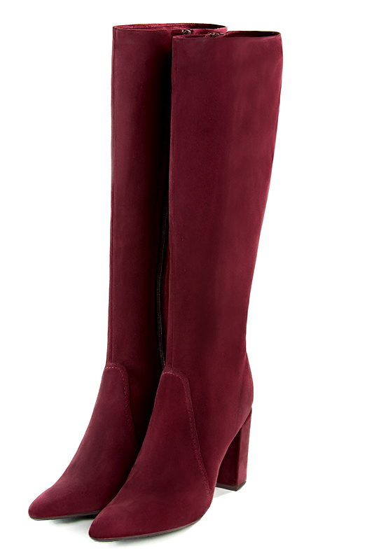Burgundy red women's feminine knee-high boots. Tapered toe. Very high block heels. Made to measure. Front view - Florence KOOIJMAN